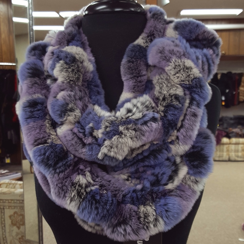 Multicolor Ruffled Rex Rabbit Fur Infinity Scarf